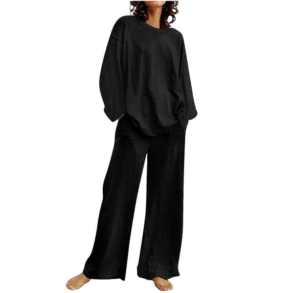 Two Piece Outfits for Women Long Sleeve Cotton Set Solid Color Top Wide Pants Suit Crew Neck Casual Loose Sweatsuit (Black S)