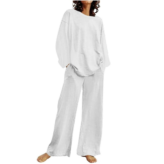 Two Piece Outfits for Women Long Sleeve Cotton Set Solid Color Top Wide Pants Suit Crew Neck Casual Loose Sweatsuit (White 5XL)