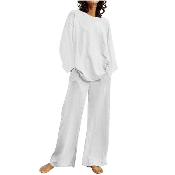 Two Piece Outfits for Women Long Sleeve Cotton Set Solid Color Top Wide Pants Suit Crew Neck Casual Loose Sweatsuit (White L)