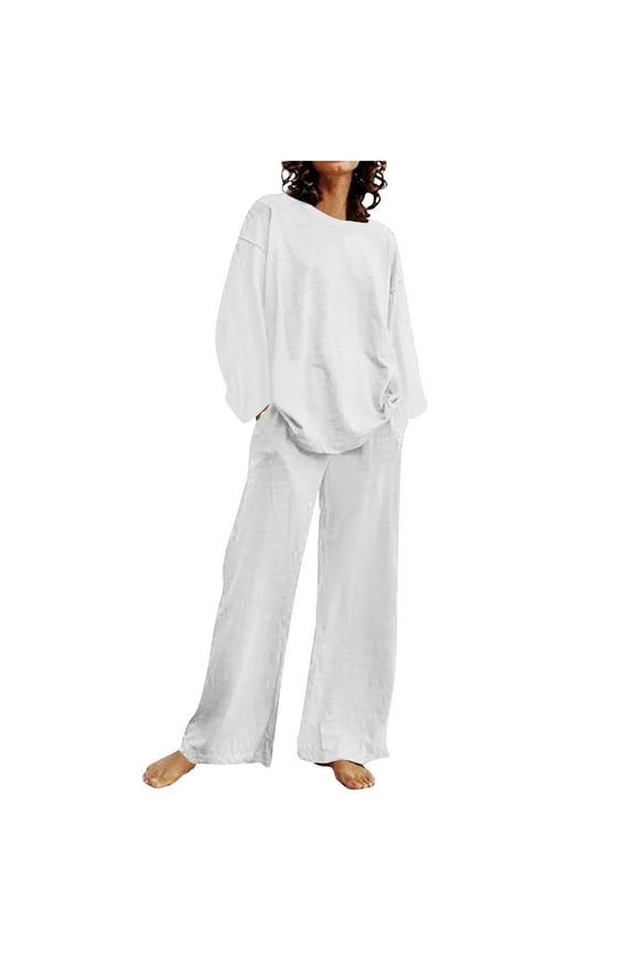 Two Piece Outfits for Women Long Sleeve Cotton Set Solid Color Top Wide Pants Suit Crew Neck Casual Loose Sweatsuit (White M)