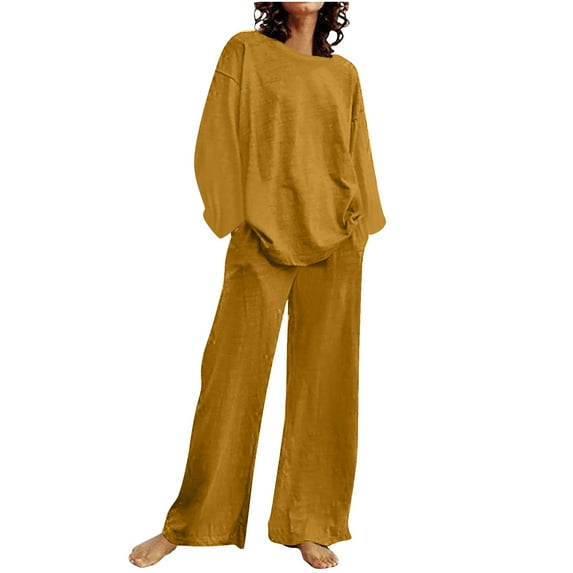 Two Piece Outfits for Women Long Sleeve Cotton Set Solid Color Top Wide Pants Suit Crew Neck Casual Loose Sweatsuit (Yellow M)