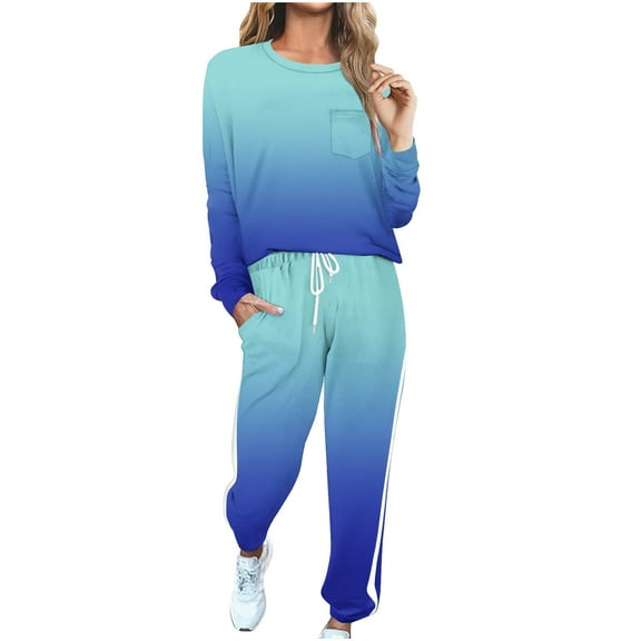 Two Piece Outfits for Women Long Sleeve Top Pant Set Crew Neck Tracksuit Gradient Sweatsuits Jogger Sweatpants Suit (Blue L)