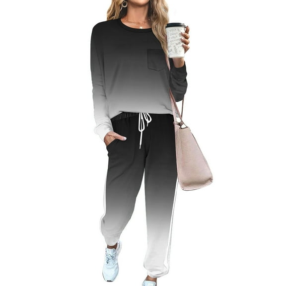 Two Piece Outfits for Women Pullover Top Jogging Suit Crew Neck Tracksuit Gradient Jogger Sweatpants Sweatsuits (Dark Gray XL)