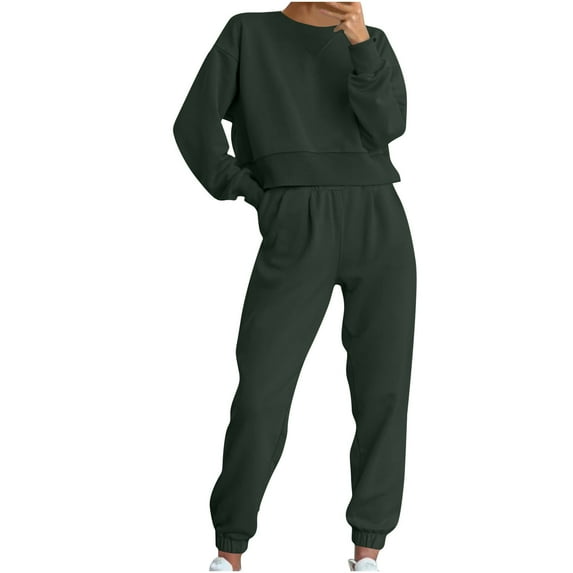 Two Piece Outfits for Women Long Sleeve Top Pant Set Solid Color Sweatsuits Crew Neck Tracksuit Jogger Sweatpants Suit (Dark Gray XL)
