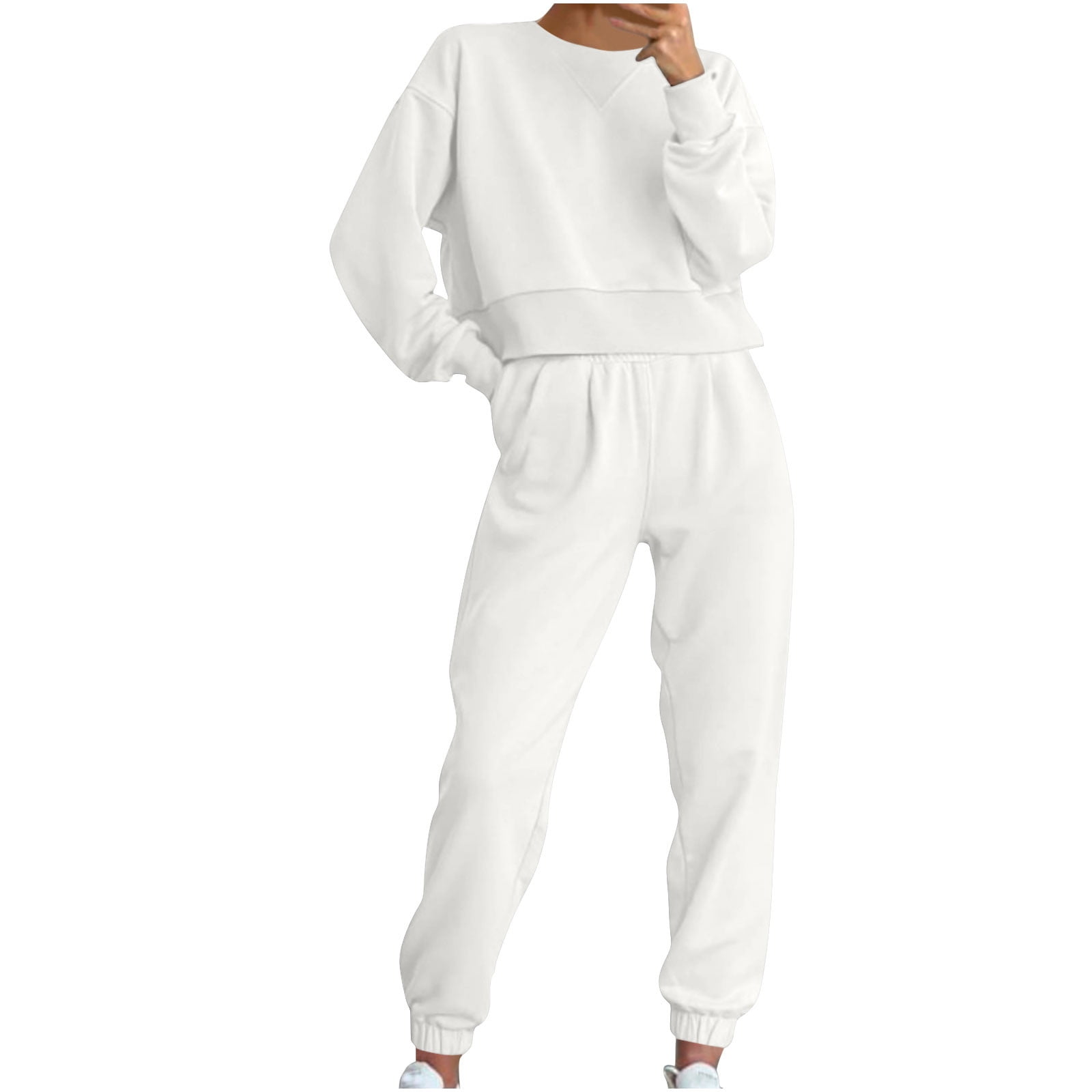 Two Piece Outfits for Women Long Sleeve Top Pant Set Solid Color