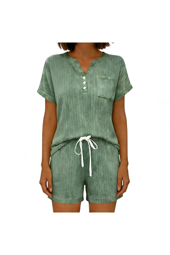 Two Piece Outfits for Women Lounge Sets Button Down Henley Top and Drawstring Shorts Pajamas Set