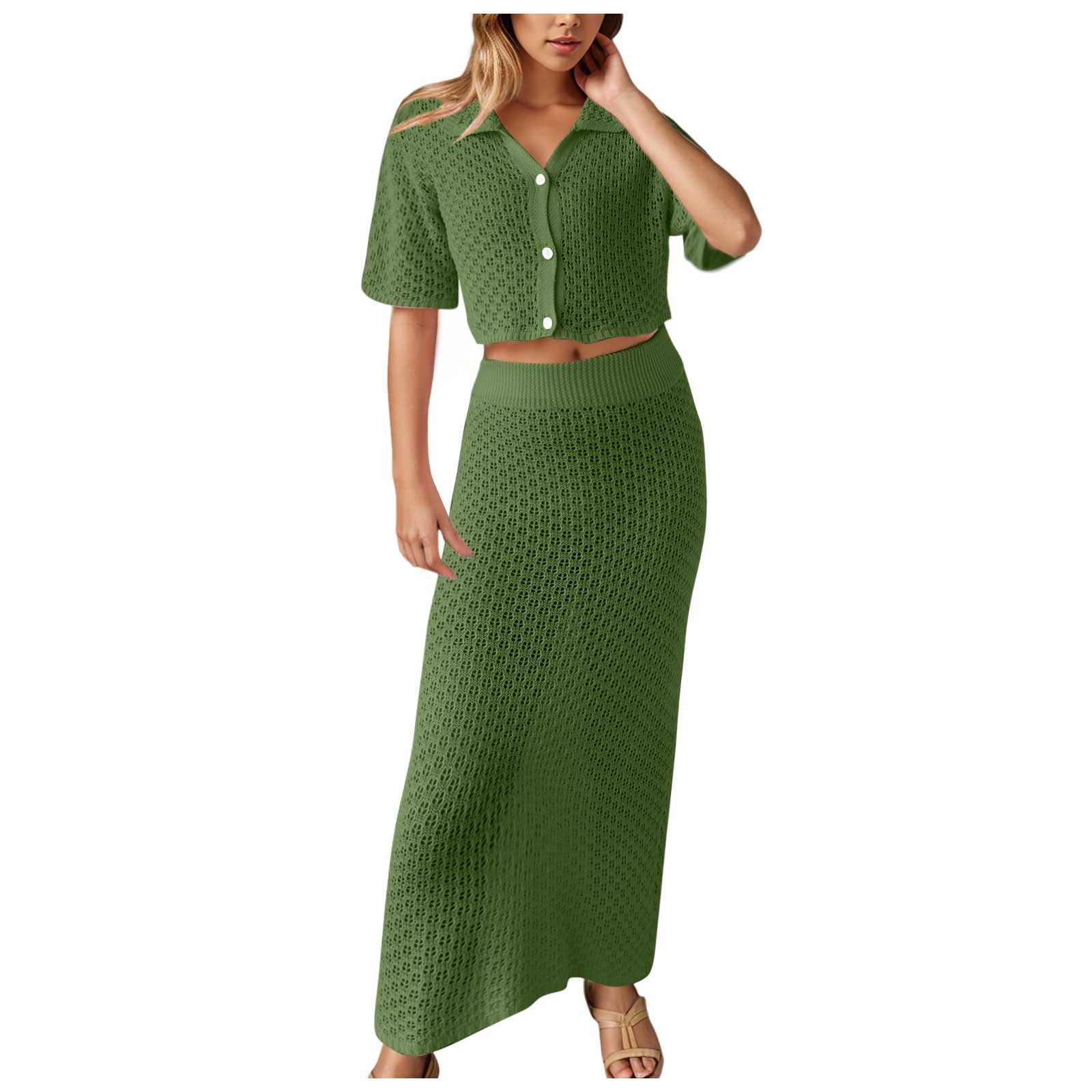 Two Piece Outfits for Women New Knitted Crochet Flower Set Skirt Cardigan Buckle Skirt Suit Weekend Set Green L Walmart