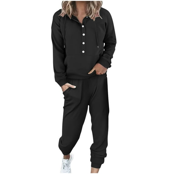Two Piece Outfits for Women Plus Size Casual Loose Button Down Sweatshirt Wide Leg Sweatpants Sweatsuits Set with Pockets,Black,XL