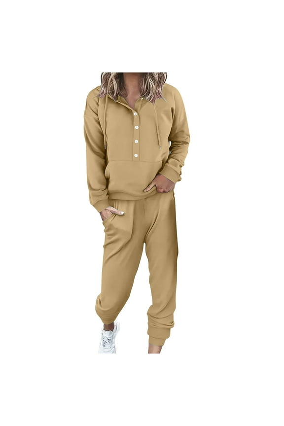 Two Piece Outfits for Women Plus Size Casual Loose Button Down Sweatshirt Wide Leg Sweatpants Sweatsuits Set with Pockets,Khaki,L