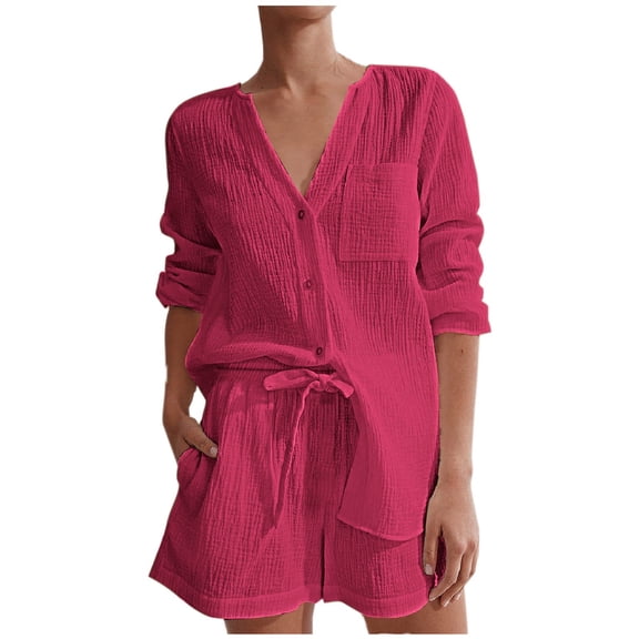 Two Piece Outfits for Women Soft Cotton Loose Short Sleeve Button Down Shirts Summer Shorts Lounge Set with Pockets