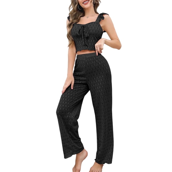 Two Piece Outfits for Women, Solid Color Casual Top and Pants, Simple Everyday Matching Set, Black - L