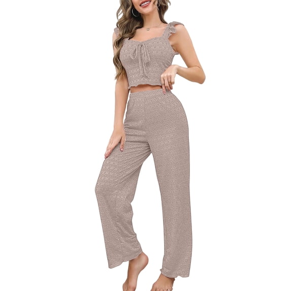 Two Piece Outfits for Women, Solid Color Casual Top and Pants, Simple Everyday Matching Set, Coffee - XL