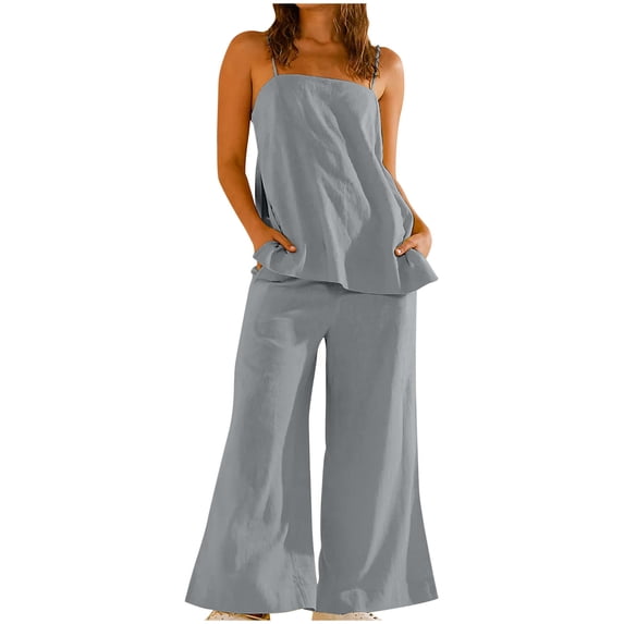Two Piece Outfits for Women Solid Color Cotton and Linen Adjustable Suspender Strapless Button Top and Elastic Waist Pocket Wide Leg Pants Set