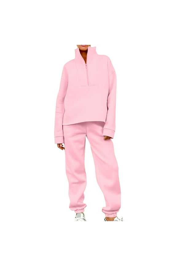 Two Piece Outfits for Women Solid Color Tracksuits Half Zip Long Sleeve Top Pant Sweatsuit Oversized Sweatshirt with Pockets Sweatpants (Pink XL)
