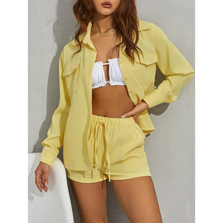 Two Piece Outfits for Women Solid Color Turn Down Collar Long