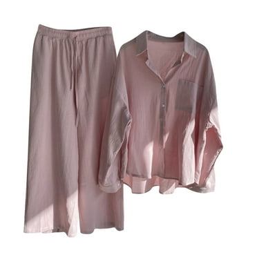 Two Piece Outfits for Women Summer Cotton Linen Long Sleeve Shirts with Wide Leg Shorts Solid Ccolor Lounge Sets