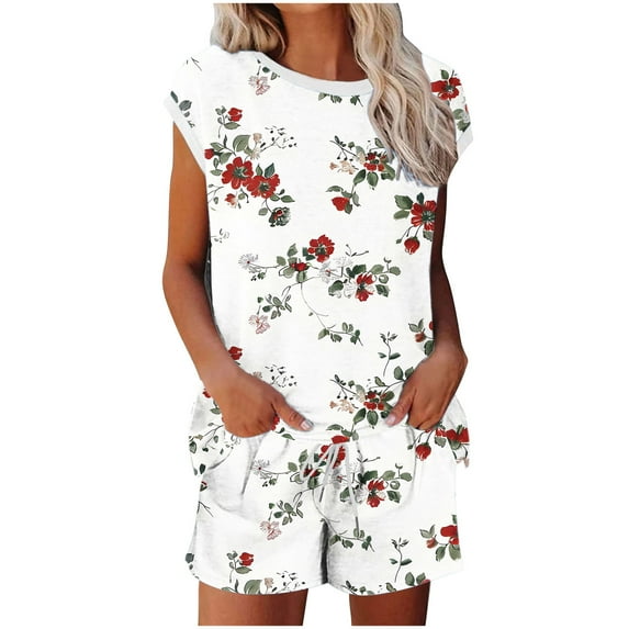 Two Piece Outfits for Women Summer Floral Printed Crew Neck Short Sleeve Tops and Shorts Set Sleep Loungewear (2XL, White 01)