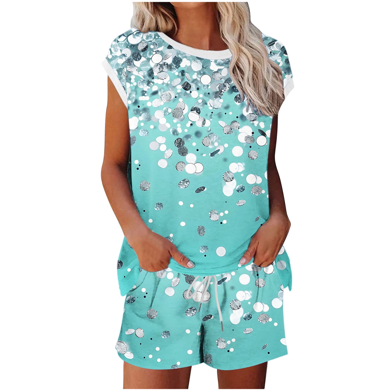 Two Piece Outfits for Women Summer Floral Printed Crew Neck Short Sleeve Tops and Shorts Set Sleep Loungewear (S, Blue)
