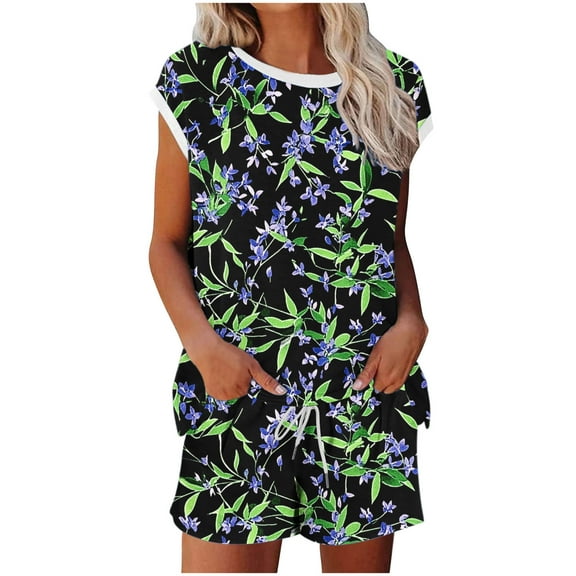 Two Piece Outfits for Women Summer Floral Printed Crew Neck Short Sleeve Tops and Shorts Set Sleep Loungewear (XL, Black 01)
