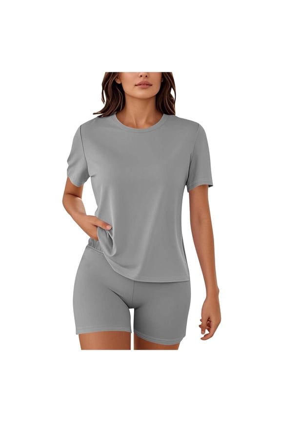 Two Piece Outfits for Women Summer Round Neck Short Sleeve T-Shirt Tops and Biker Shorts Sets Solid Color Workout Sports Tracksuit