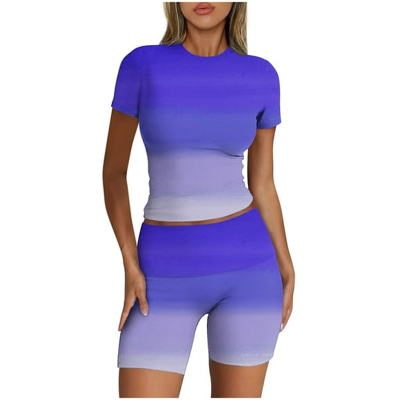 Two Piece Outfits for Women Summer Tight Fitting Short Sleeve Shorts Sets Gradient Printed Crew Neck Lounge Set (Blue 2XL)