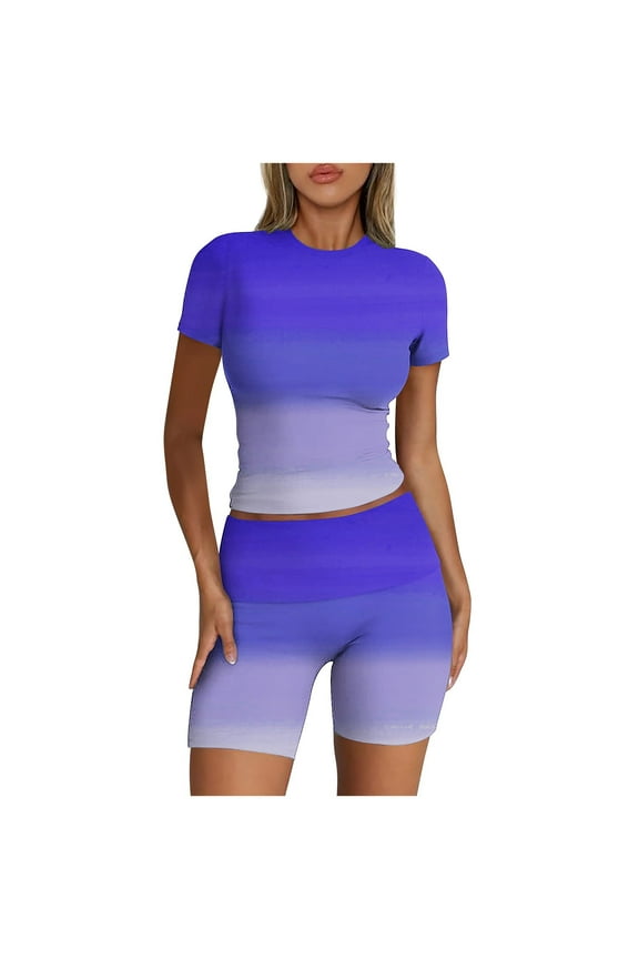 Two Piece Outfits for Women Summer Tight Fitting Short Sleeve Shorts Sets Gradient Printed Crew Neck Lounge Set (Blue M)