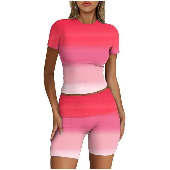 Two Piece Outfits for Women Summer Tight Fitting Short Sleeve Shorts Sets Gradient Printed Crew Neck Lounge Set (Pink 2XL)