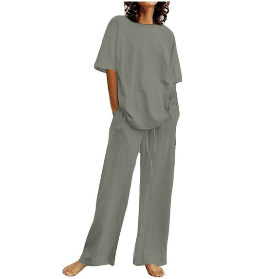 Two Piece Outfits for Women Sweatsuits New Women's Summer Suit Fashion Short Sleeve Solid Color Trousers Casual Two-Piece Suit B-31 Gray L