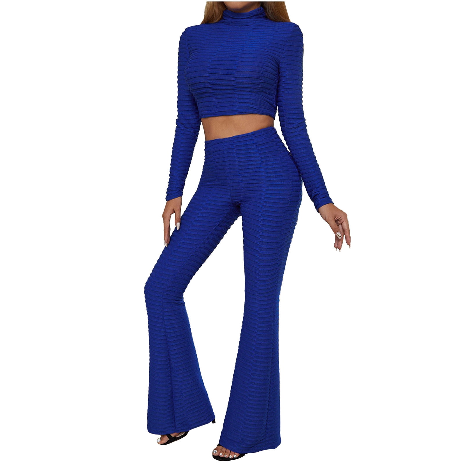Two Piece Outfits for Women Textured Long Sleeve Turtleneck Crop Top +  Stretchy Bell Bottom Long Pants Trousers Sets 