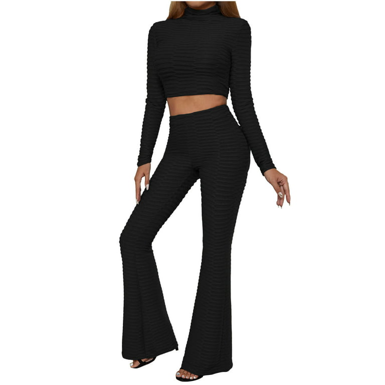Two Piece Outfits for Women Textured Long Sleeve Turtleneck Crop Top +  Stretchy Bell Bottom Long Pants Trousers Sets