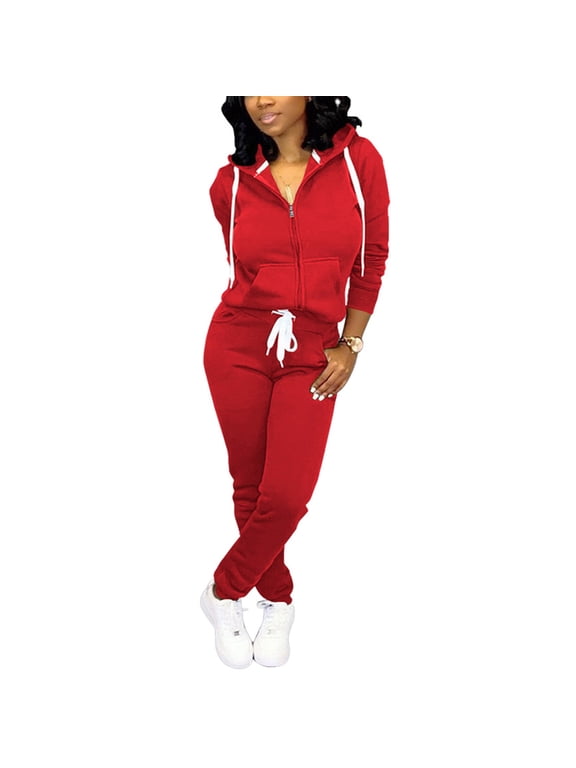 Two Piece Outfits for Women Tracksuit Sweat Suits Workout Jogging Sets Loungewear with Pocket Red 2XL