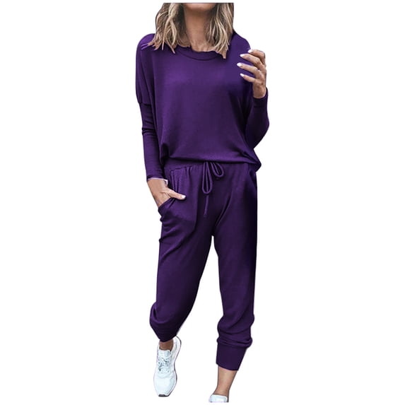 Two Piece Outfits for Women Tracksuit Sweatsuit Pullover Sweatshirt with Pants Solid Sports Suit Spring Lounge Sets