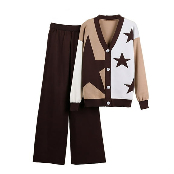 Two Piece Outfits for Women V-Neck Cardigan Outfits Sets Print Sweater Loungewear Fashion Loose Lounge Suits (Coffee Free Size)