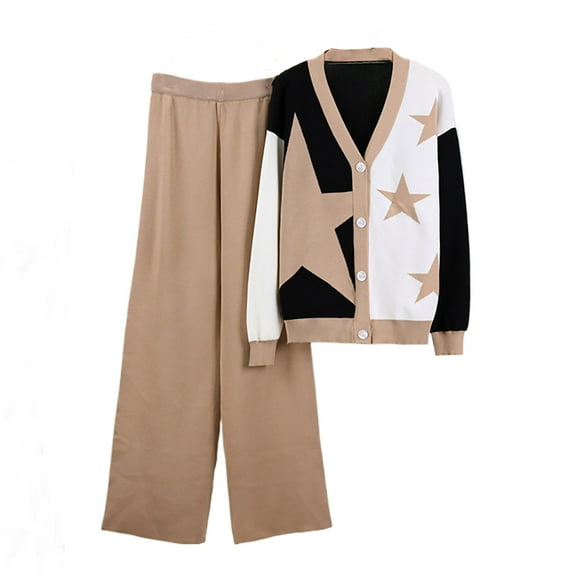 Two Piece Outfits for Women V-Neck Cardigan Outfits Sets Print Sweater Loungewear Fashion Loose Lounge Suits (Khaki Free Size)