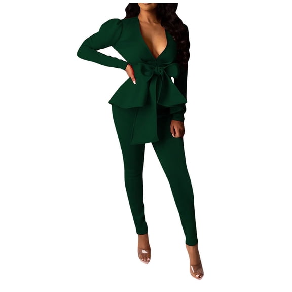 Two Piece Outfits for Women, Womens Business Suit Casual Solid Color Long Sleeve Deep V Neck Ruffles with Bow Tops Blouses and Pants Sets