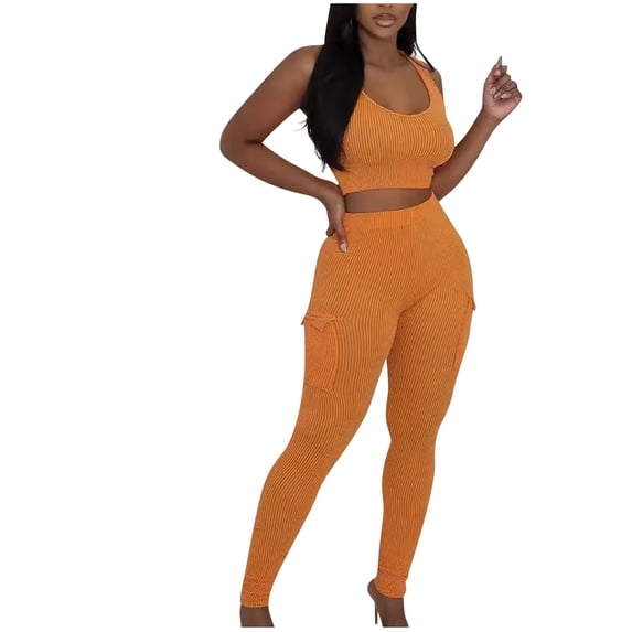 Two Piece Outfits for Women Workout Sets Ribbed Tank Tops Cargo Legging Running Gym Yoga Clothes Orange, M