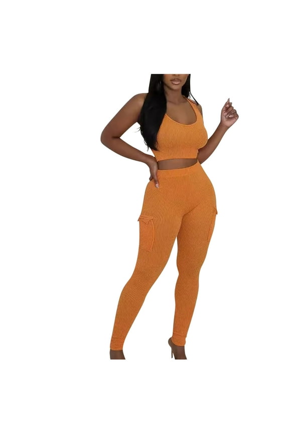 Two Piece Outfits for Women Workout Sets Ribbed Tank Tops Cargo Legging Running Gym Yoga Clothes Orange, XL