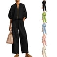 thumbnail image 1 of Two Piece Outfits for Women Zip Front Top Wide Leg Pants Set Casual Summer Matching Set Loose Fit Tracksuit,Black L, 1 of 5