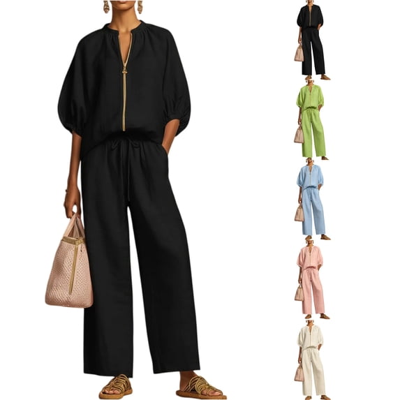 Two Piece Outfits for Women Zip Front Top Wide Leg Pants Set Casual Summer Matching Set Loose Fit Tracksuit,Black L