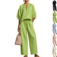 thumbnail image 1 of Two Piece Outfits for Women Zip Front Top Wide Leg Pants Set Casual Summer Matching Set Loose Fit Tracksuit Green L, 1 of 4