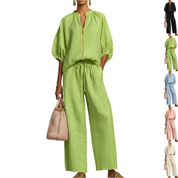 Two Piece Outfits for Women Zip Front Top Wide Leg Pants Set Casual Summer Matching Set Loose Fit Tracksuit Green L