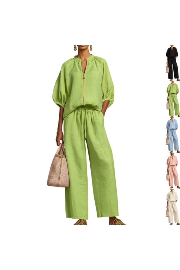 Two Piece Outfits for Women Zip Front Top Wide Leg Pants Set Casual Summer Matching Set Loose Fit Tracksuit Green M