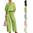 thumbnail image 1 of Two Piece Outfits for Women Zip Front Top Wide Leg Pants Set Casual Summer Matching Set Loose Fit Tracksuit,Green M, 1 of 5