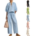 thumbnail image 1 of Two Piece Outfits for Women Zip Front Top Wide Leg Pants Set Casual Summer Matching Set Loose Fit Tracksuit,Light Blue L, 1 of 5