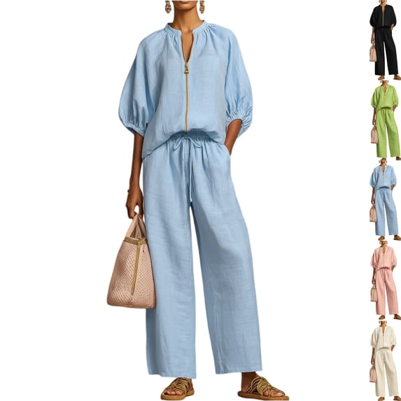 Two Piece Outfits for Women Zip Front Top Wide Leg Pants Set Casual Summer Matching Set Loose Fit Tracksuit Light Blue XXL