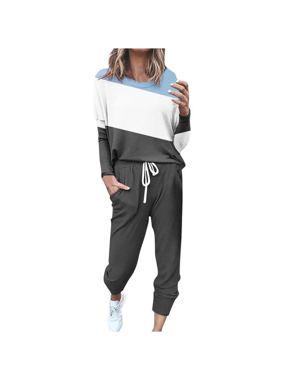 Two Piece Outfits for women,Long Sleeve Crewneck Pullover Tops And Pants Sweatsuits Lounge Set with Pockets