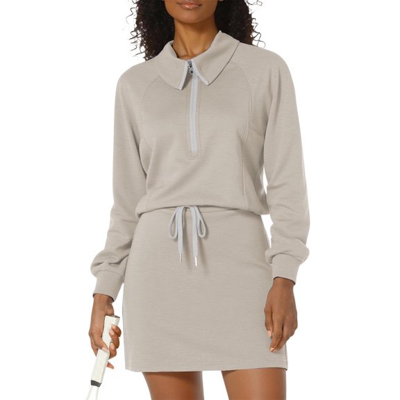 Two Piece Outgoing Set for Women Long Sleeve Quarter Zip Collar Shirt Short Skirt Solid Outfits Beige M