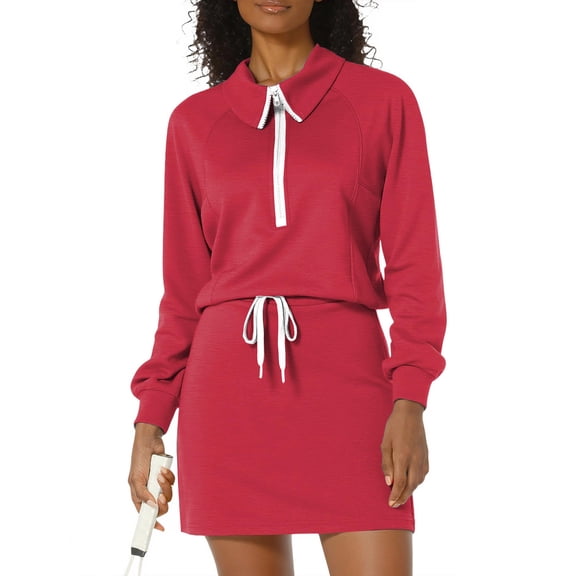 Two Piece Outgoing Set for Women Long Sleeve Quarter Zip Collar Shirt Short Skirt Solid Outfits Red M