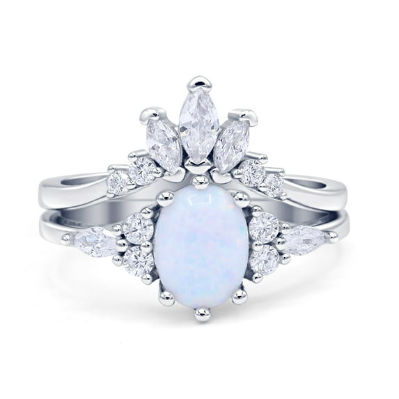 Two Piece Oval Vintage Style Women Engagement Ring Lab Created White Opal 925 Sterling Silver