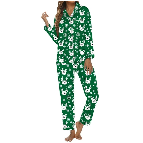 Two Piece Pajama Set Women Reindeer Womens Christmas Pjs Sets Button Pocket Long Sleeved Pants Sleepwear Womens Pjs Sets Green S